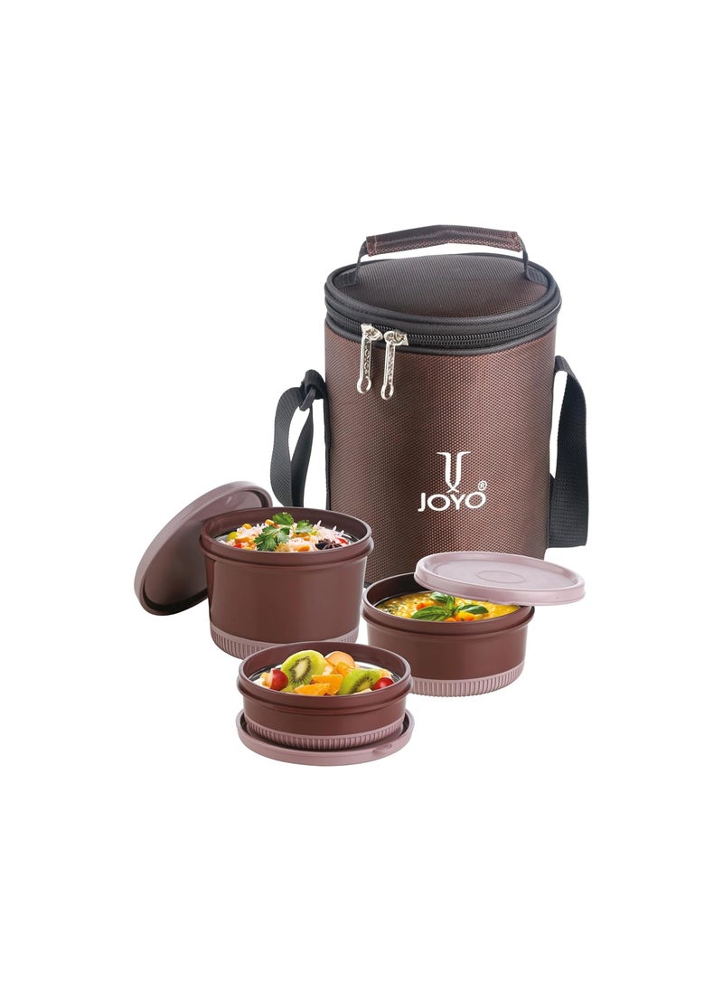 JOYO Foodway Omega Lunch Box with Zipper Pouch, 100% Leak Proof, 3 Stainless Steel Containers with BPA Free Airtight Lids (250ML, 375 ML, 525 ML) - (Brown)