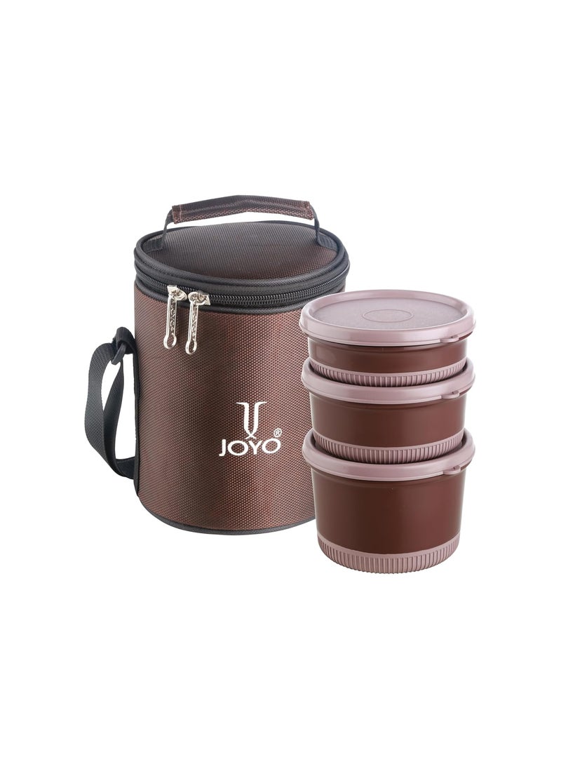 JOYO Foodway Omega Lunch Box with Zipper Pouch, 100% Leak Proof, 3 Stainless Steel Containers with BPA Free Airtight Lids (250ML, 375 ML, 525 ML) - (Brown)