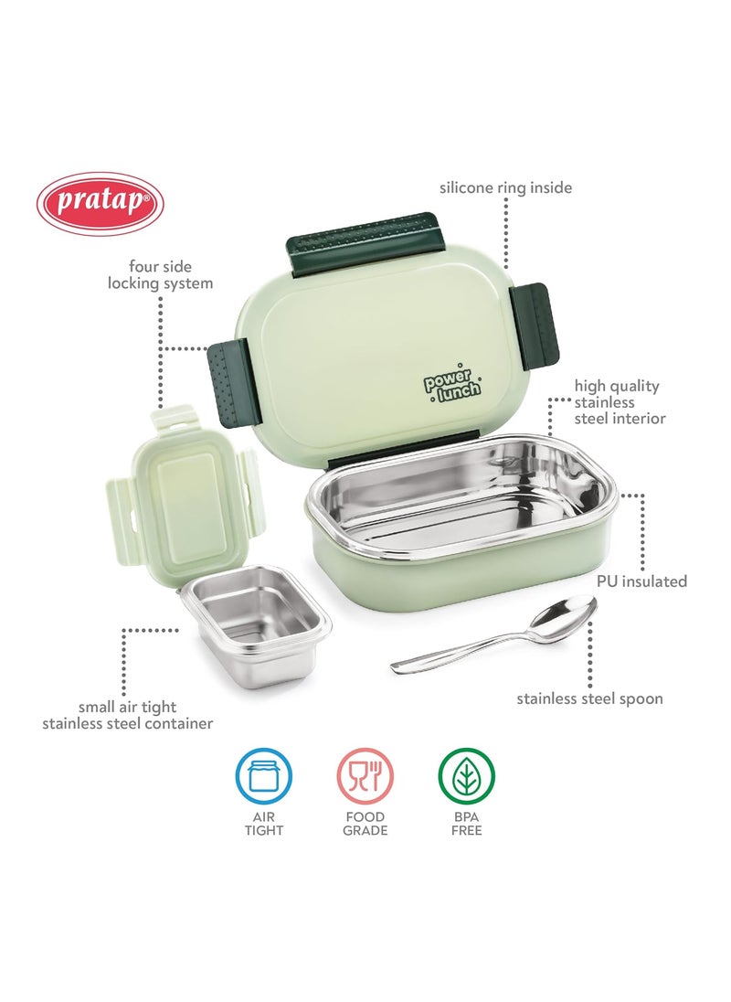 PRATAP Power Lunch Stainless Steel Insulated Lunch Tiffin Box Set for School Kids Boys Girls Office Women Men with Steel Spoon Air Tight Leak Proof BPA Free Food Grade (Green, 650 ml & 130 ml)