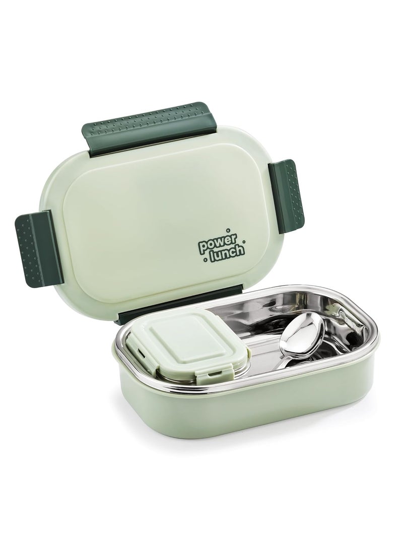 PRATAP Power Lunch Stainless Steel Insulated Lunch Tiffin Box Set for School Kids Boys Girls Office Women Men with Steel Spoon Air Tight Leak Proof BPA Free Food Grade (Green, 650 ml & 130 ml)