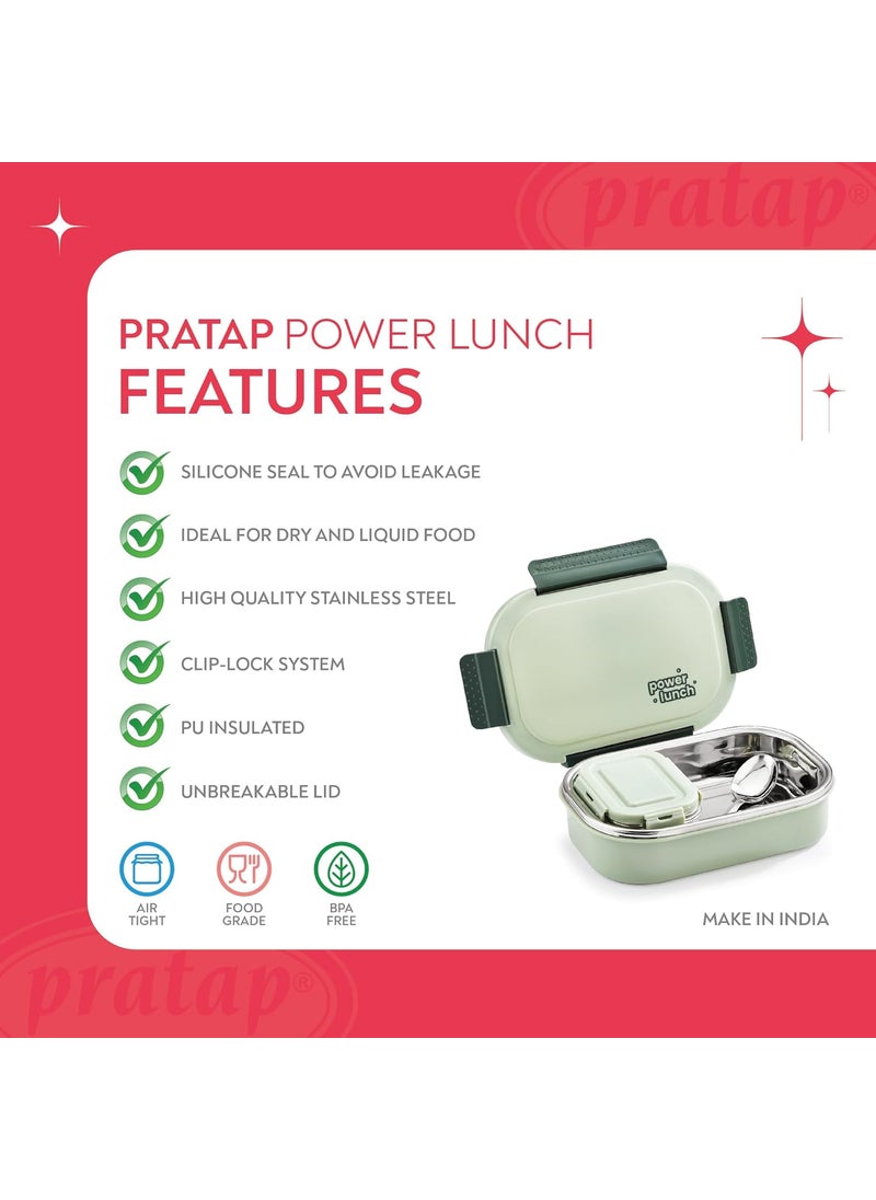 PRATAP Power Lunch Stainless Steel Insulated Lunch Tiffin Box Set for School Kids Boys Girls Office Women Men with Steel Spoon Air Tight Leak Proof BPA Free Food Grade (Green, 650 ml & 130 ml)