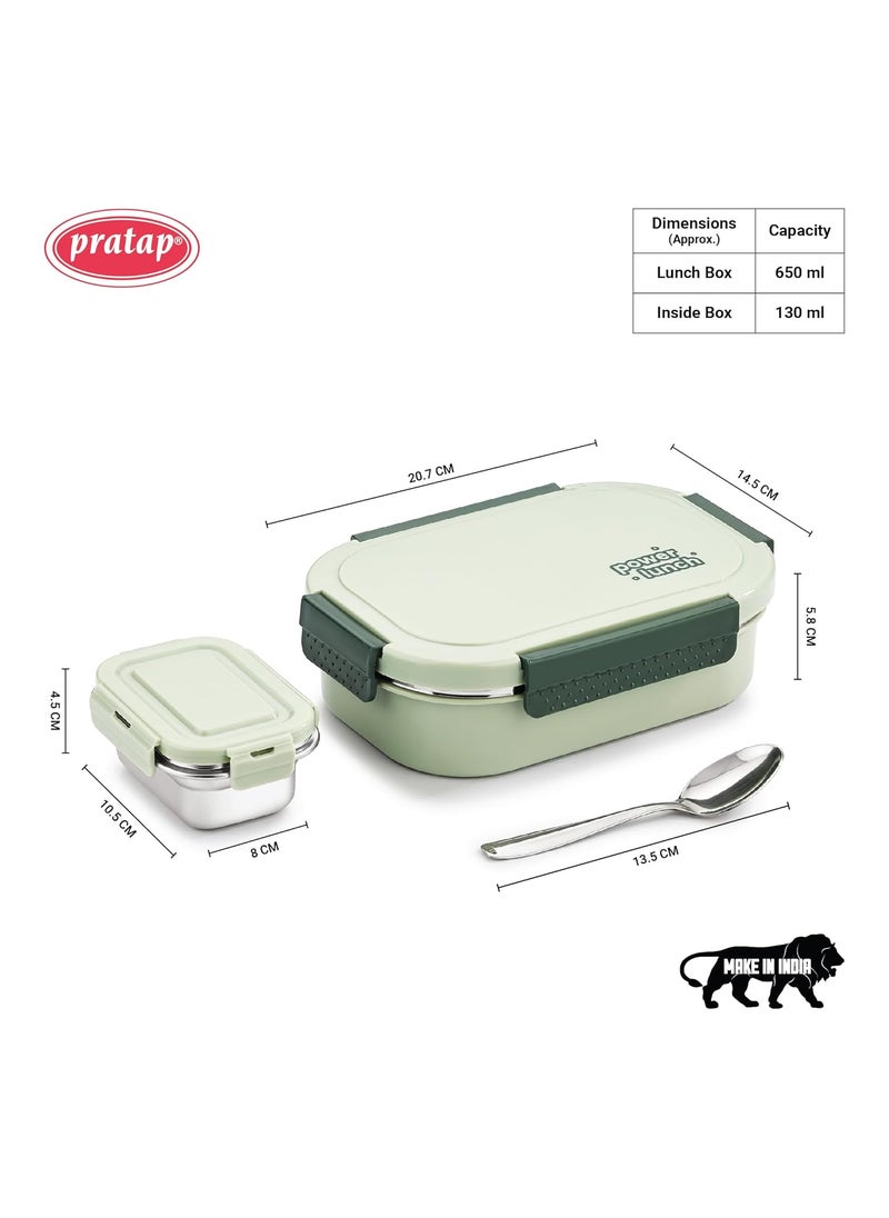 PRATAP Power Lunch Stainless Steel Insulated Lunch Tiffin Box Set for School Kids Boys Girls Office Women Men with Steel Spoon Air Tight Leak Proof BPA Free Food Grade (Green, 650 ml & 130 ml)
