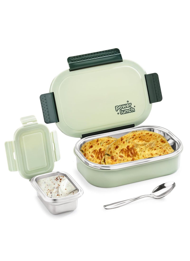 PRATAP Power Lunch Stainless Steel Insulated Lunch Tiffin Box Set for School Kids Boys Girls Office Women Men with Steel Spoon Air Tight Leak Proof BPA Free Food Grade (Green, 650 ml & 130 ml)