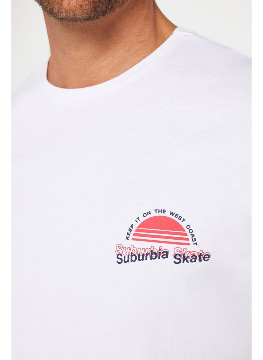 Men's Slim Fit Slim Cut 100% Cotton Soft Texture Printed White Crew Neck T-Shirt