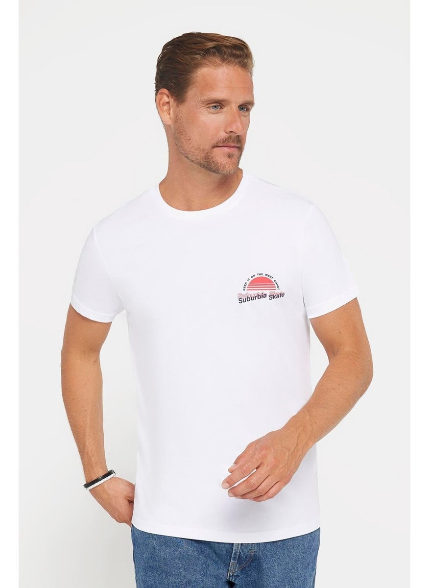 Men's Slim Fit Slim Cut 100% Cotton Soft Texture Printed White Crew Neck T-Shirt