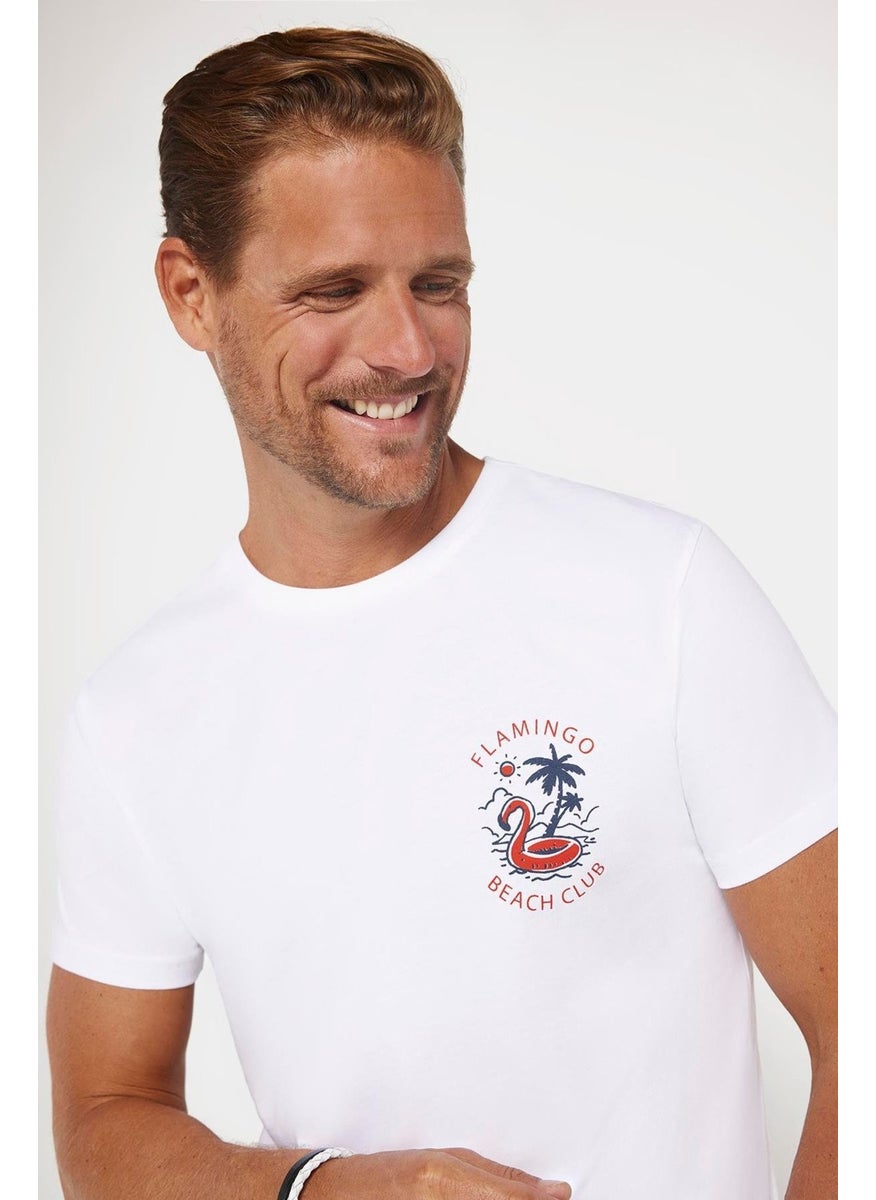 Men's Slim Fit Slim Cut 100% Cotton Soft Texture Printed White Crew Neck T-Shirt
