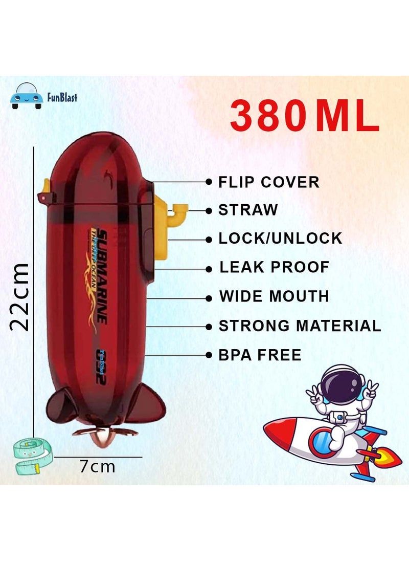 FunBlast Submarine Shaped Water Bottle for Kids, Anti-Leak Kids Cartoon Water Bottle, 380 ML Tritan Water Bottle for Kids, Stylish Water Bottle with Sipper for Boys & Girls (Red, Pack of 1)