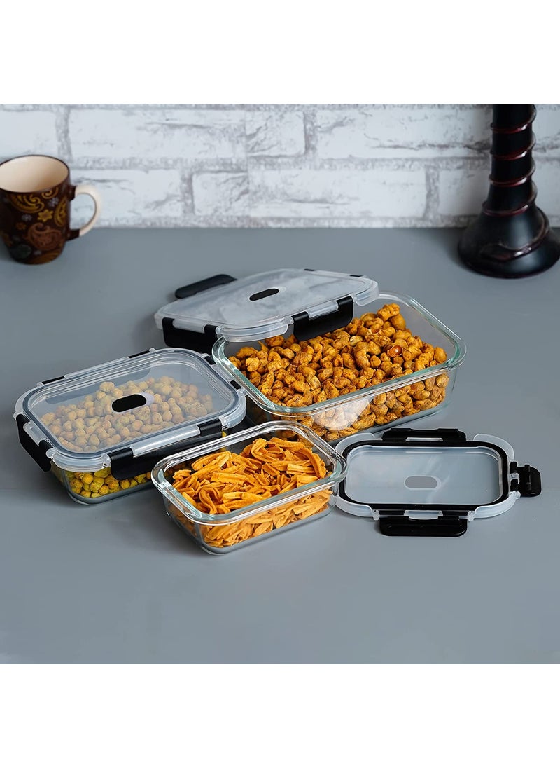 Femora Set of 3 Borosilicate Glass Rectangle Black Container with Dectahable & Break Free Lid, 400,620,1000ml, Microwave Safe, 1 Year Free Replacement
