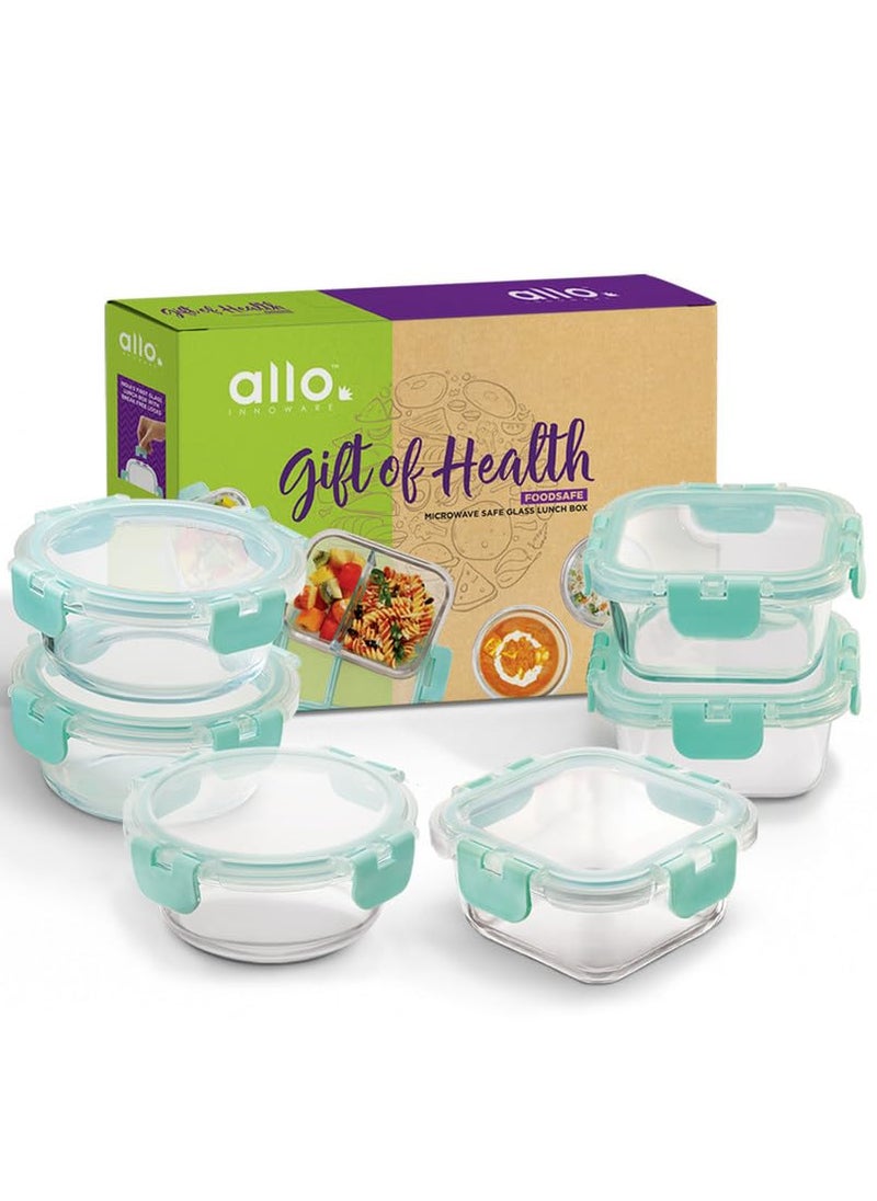 Allo Foodsafe Gift Box Combo 6 PC (Set of 3 Square 310ml, Set of 3 Round 390ml) | Microwave 450°C Oven Safe Bakeware Glass Container with Break Free Detachable Locks |