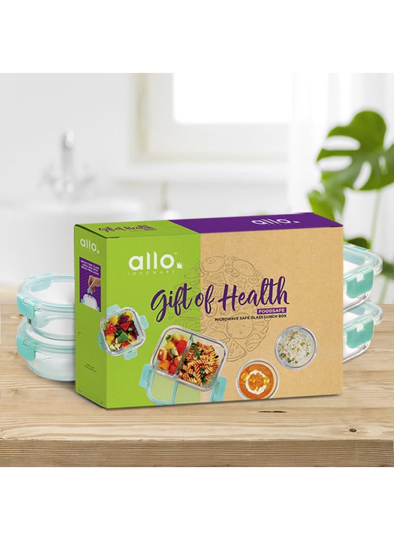Allo Foodsafe Gift Box Combo 6 PC (Set of 3 Square 310ml, Set of 3 Round 390ml) | Microwave 450°C Oven Safe Bakeware Glass Container with Break Free Detachable Locks |