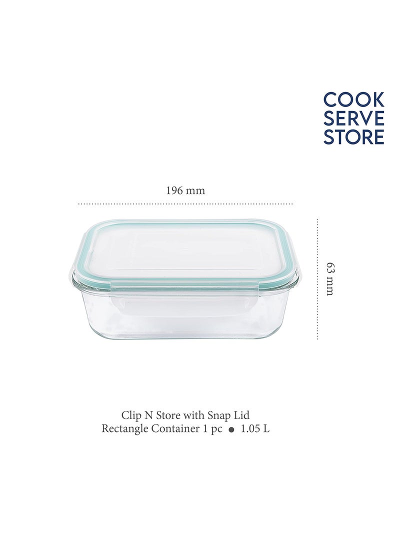 La Opala Cook Serve Store 100% Borosilicate Glass Storage Container | Clip N Store with Air-Tight Snap Lid | Rectangle 1.05 L | Microwave & Oven Proof | Dishwasher & Freezer Proof | Transparent