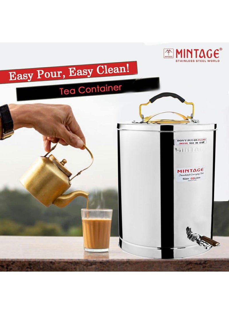 Mintage Stainless Steel Desire Tea Container 10 Liters with Leak Proof Tap | Milk/Soups/Coffee Tea Pot |Eco Friendly Hot & Cold Pot Office/Hotel |TeaPot Dispenser Jar |Chai Kettle for Canteen/Kitchen