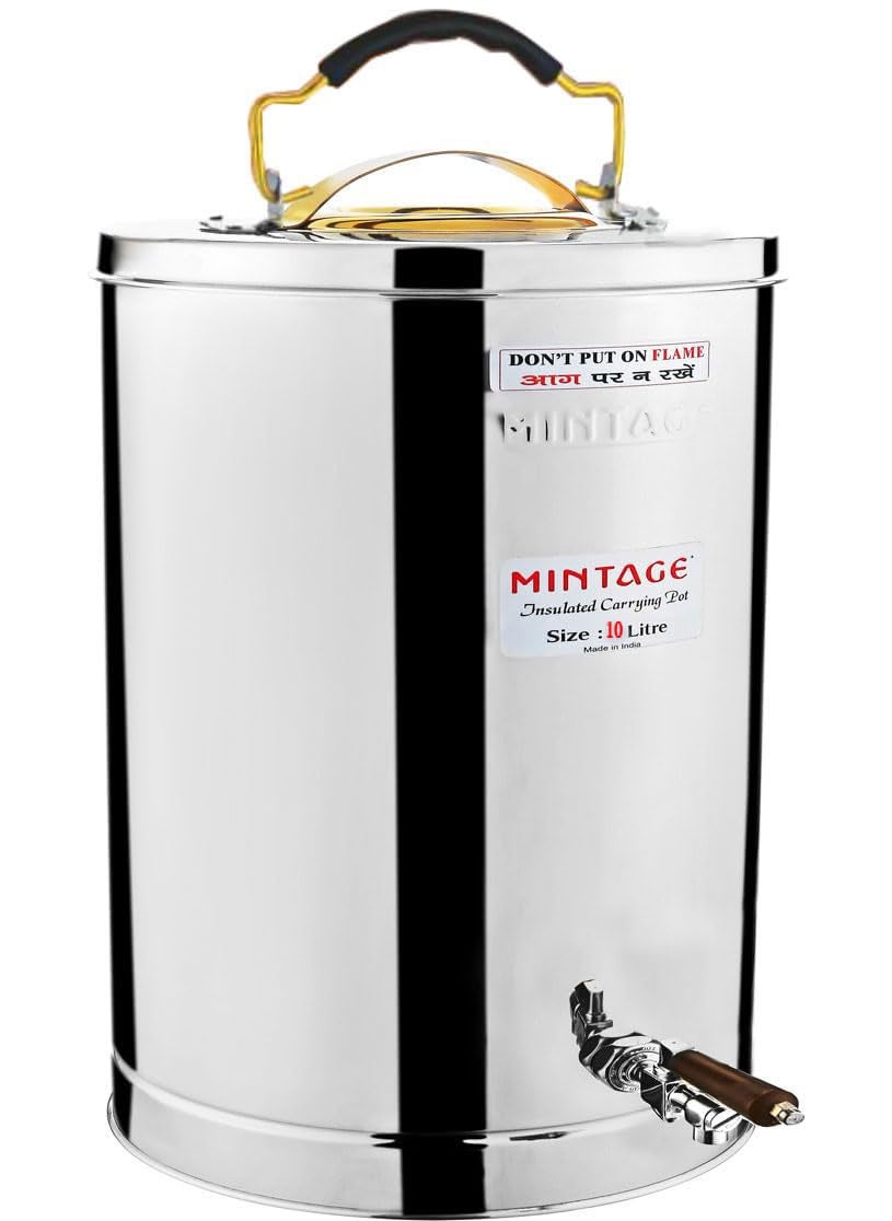Mintage Stainless Steel Desire Tea Container 10 Liters with Leak Proof Tap | Milk/Soups/Coffee Tea Pot |Eco Friendly Hot & Cold Pot Office/Hotel |TeaPot Dispenser Jar |Chai Kettle for Canteen/Kitchen