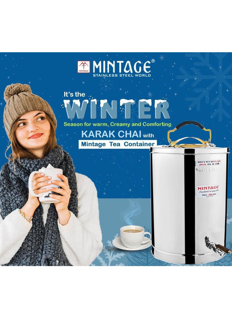 Mintage Stainless Steel Desire Tea Container 10 Liters with Leak Proof Tap | Milk/Soups/Coffee Tea Pot |Eco Friendly Hot & Cold Pot Office/Hotel |TeaPot Dispenser Jar |Chai Kettle for Canteen/Kitchen