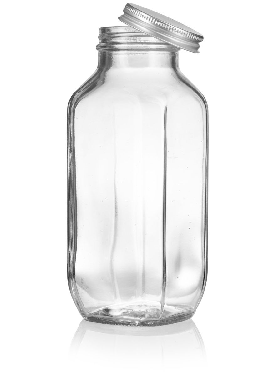16 oz / 480 ml Clear Thick Plated Glass French Square Empty Bottle Jar with Metal Silver Lid (4 Pack) Perfect for Home, Travel, Juicing, Kombucha