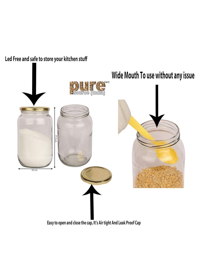 Pure Source India Glass Spice Jar Glass Container, 1 LTR, Set of 10, Transparent