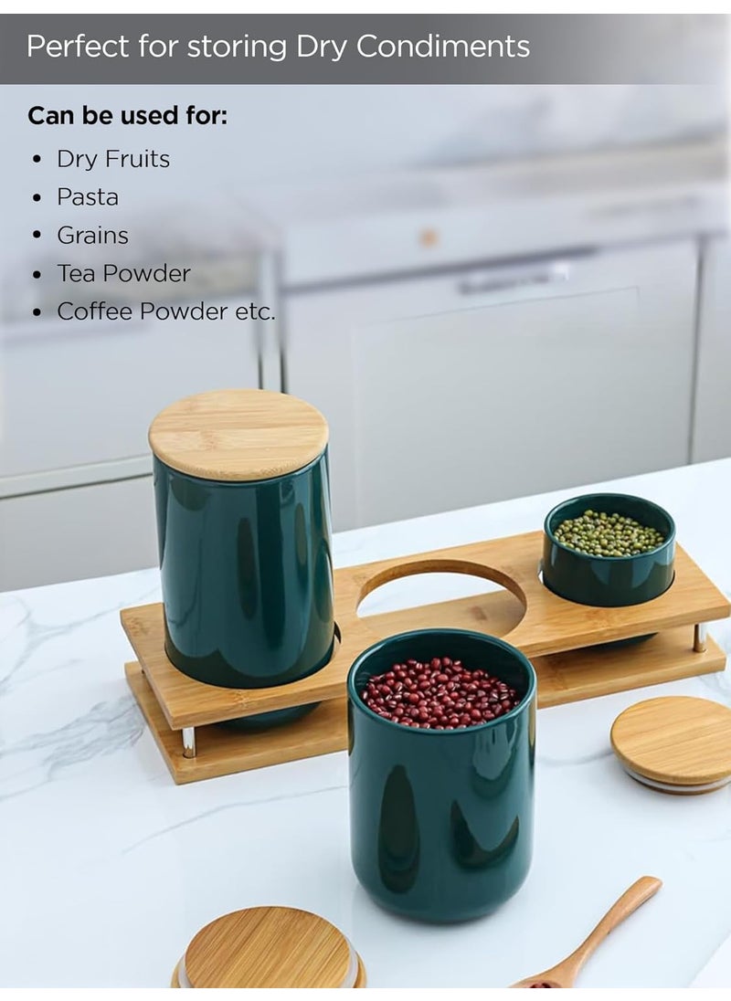 UMAI Ceramic Jars Set with Bamboo Lid & Stand | 3 Pieces Kitchen Storage Containers Set - 260ml, 800ml & 1000ml|Air Tight & Multipurpose|Premium Packaging|Kitchen Organizer Items and Storage|Green