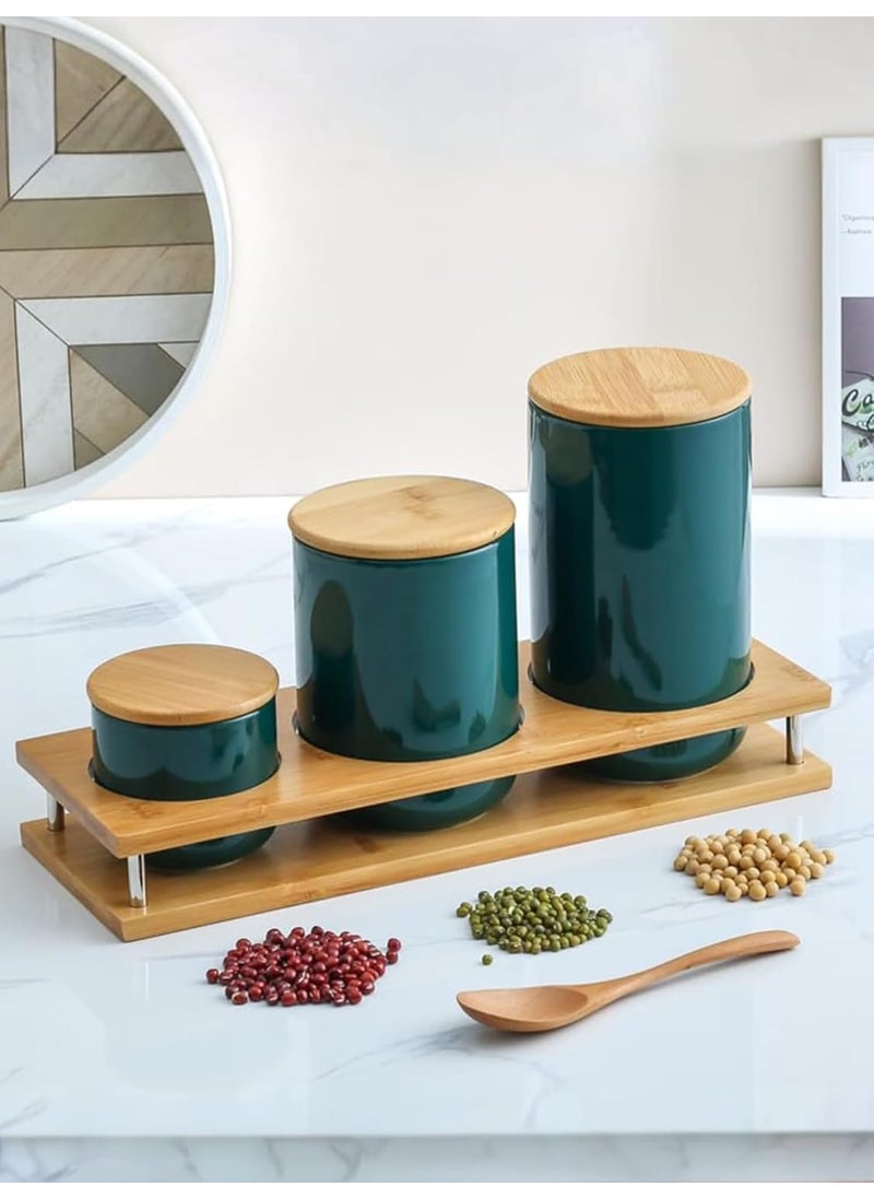 UMAI Ceramic Jars Set with Bamboo Lid & Stand | 3 Pieces Kitchen Storage Containers Set - 260ml, 800ml & 1000ml|Air Tight & Multipurpose|Premium Packaging|Kitchen Organizer Items and Storage|Green
