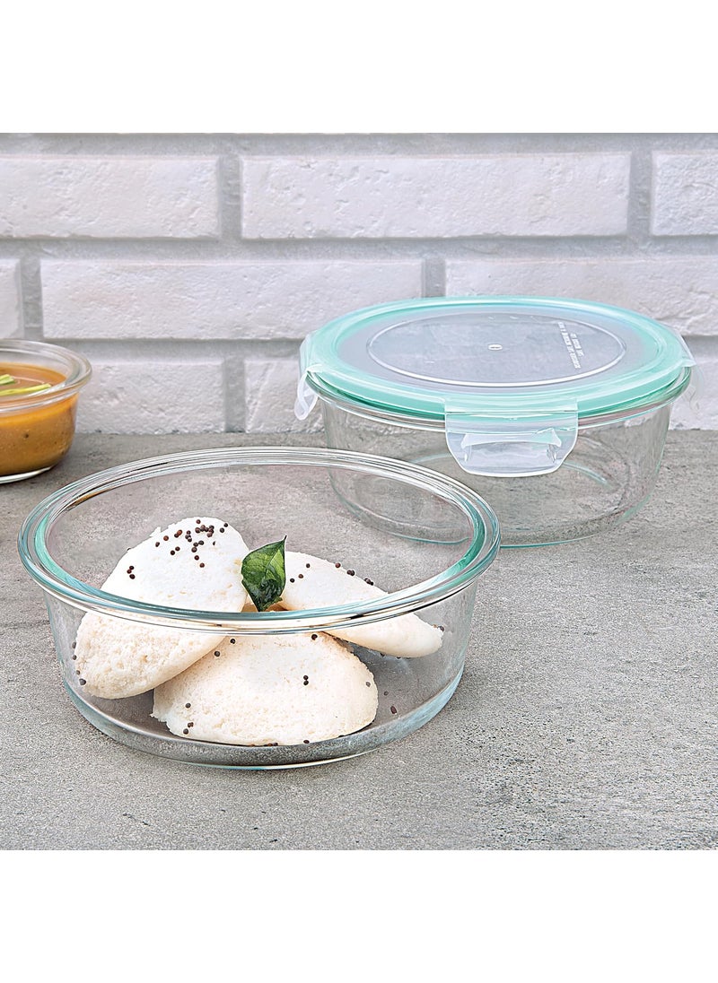La Opala Cook Serve Store 100% Borosilicate Glass Storage Container | Clip N Store with Air-Tight Snap Lid | Round 950 ml | Microwave & Oven Proof | Dishwasher & Freezer Proof | Transparent