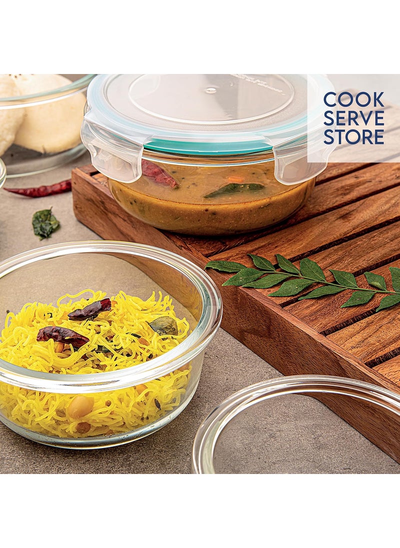 La Opala Cook Serve Store 100% Borosilicate Glass Storage Container | Clip N Store with Air-Tight Snap Lid | Round 950 ml | Microwave & Oven Proof | Dishwasher & Freezer Proof | Transparent