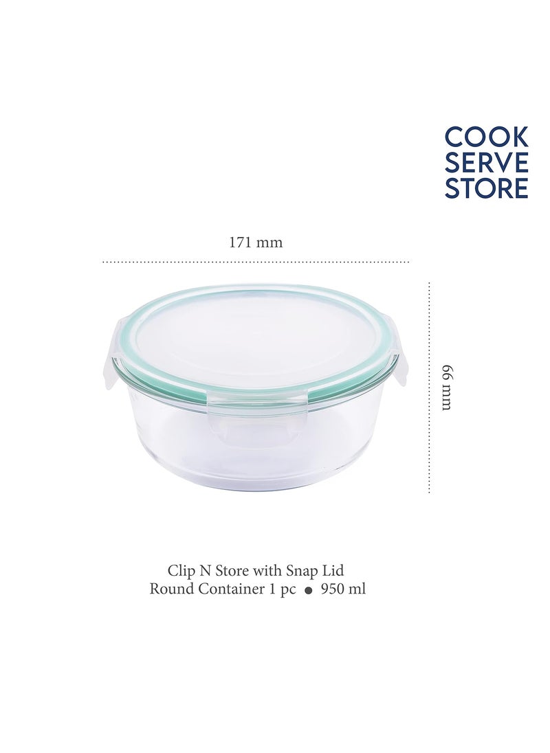 La Opala Cook Serve Store 100% Borosilicate Glass Storage Container | Clip N Store with Air-Tight Snap Lid | Round 950 ml | Microwave & Oven Proof | Dishwasher & Freezer Proof | Transparent