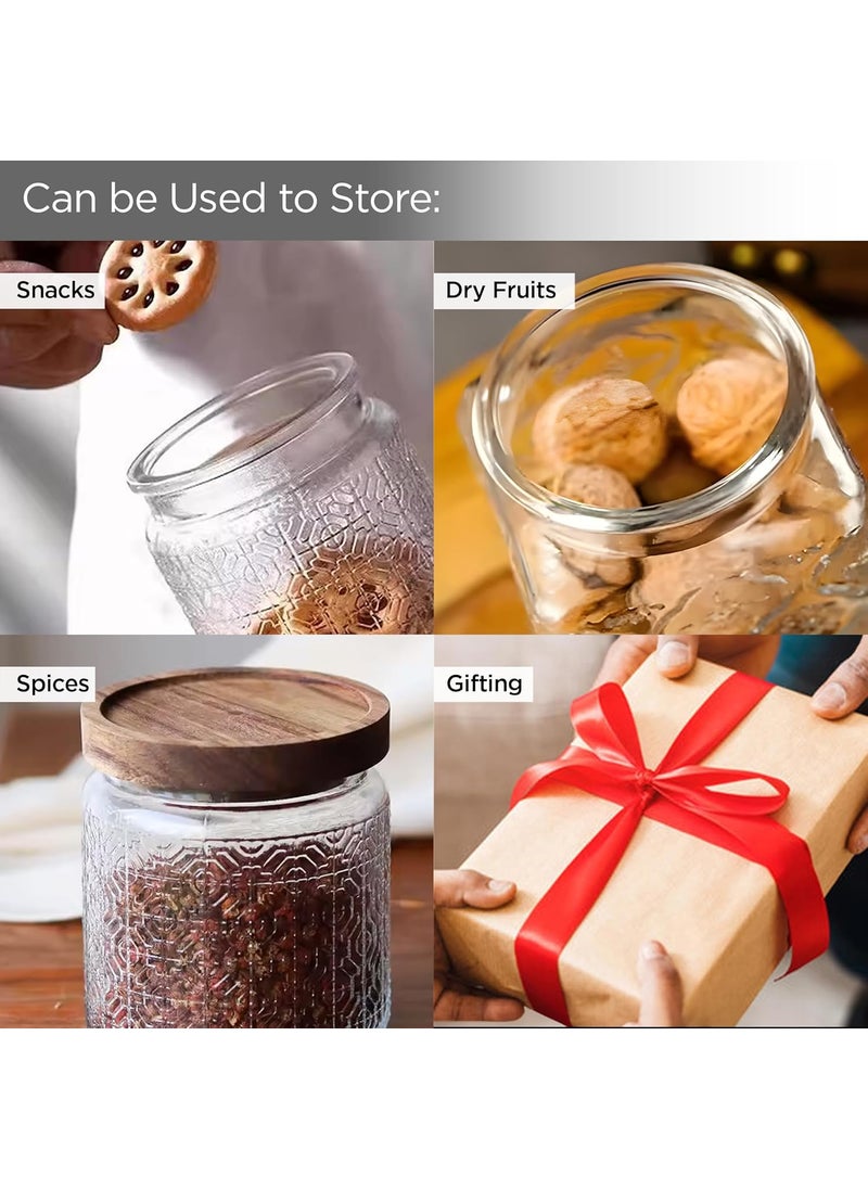 UMAI Glass Jar With Wooden Lid | Airtight Kitchen Containers For Storage | Textured Glass Jars for Kitchen (500ml)