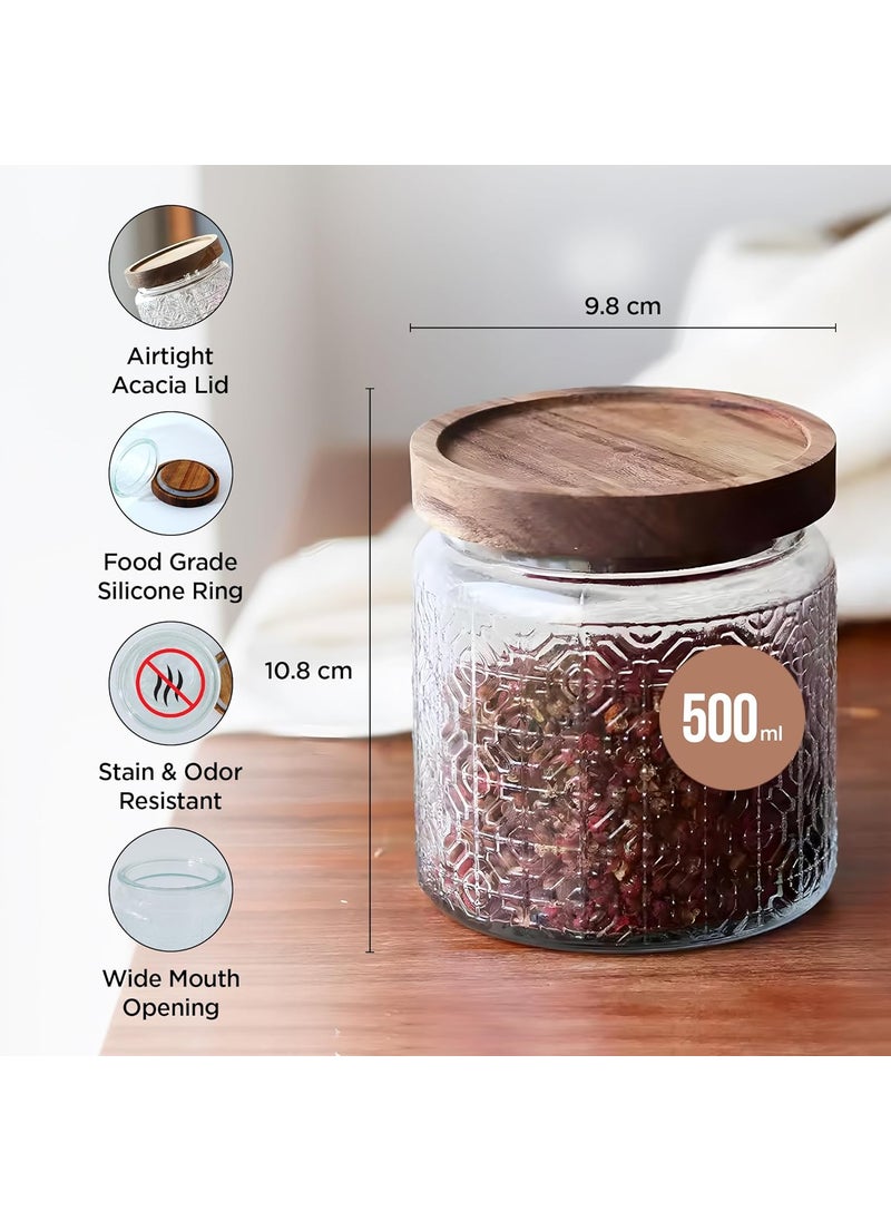 UMAI Glass Jar With Wooden Lid | Airtight Kitchen Containers For Storage | Textured Glass Jars for Kitchen (500ml)