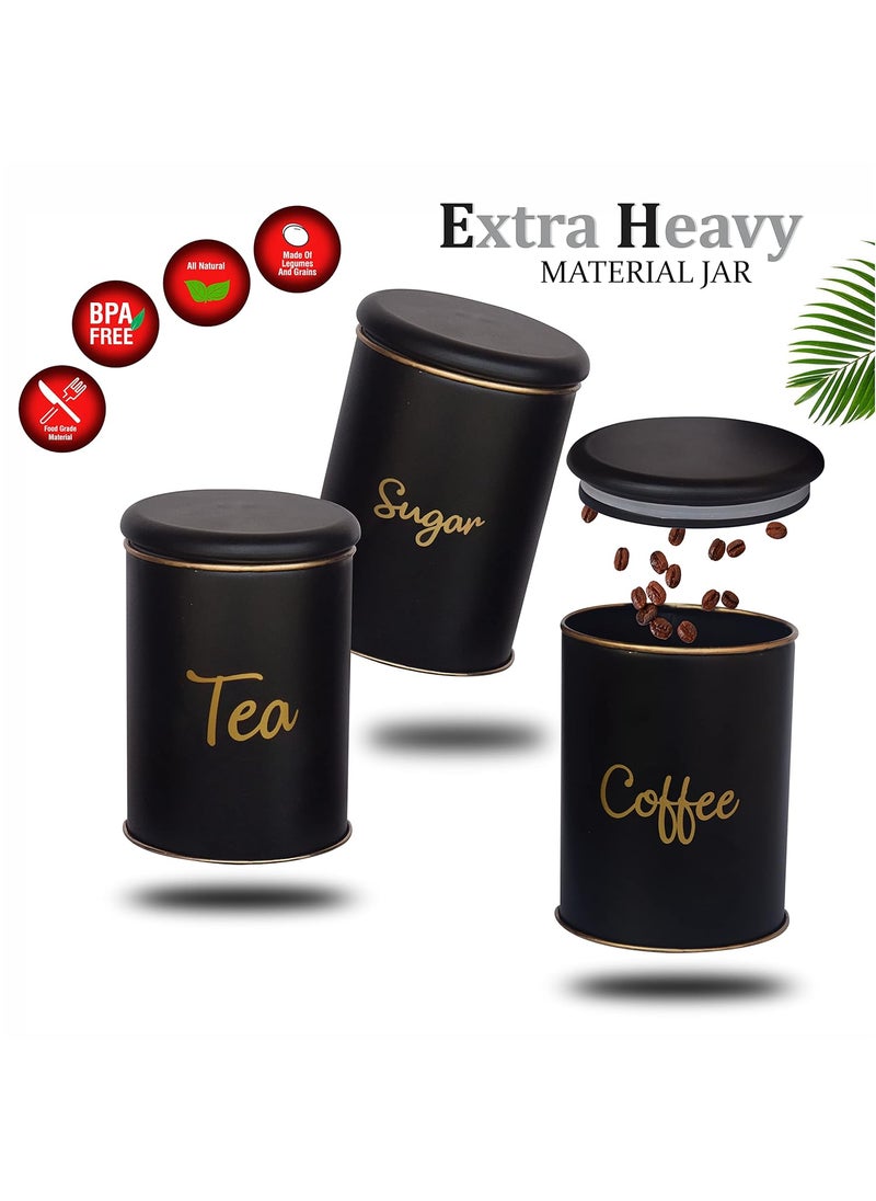 Pure Source India Metal Jar Container for Tea Coffee and Sugar, Airtight, Food Safe And Wide Mouth Containers - 700 ml Each (Black - 3 Piece)
