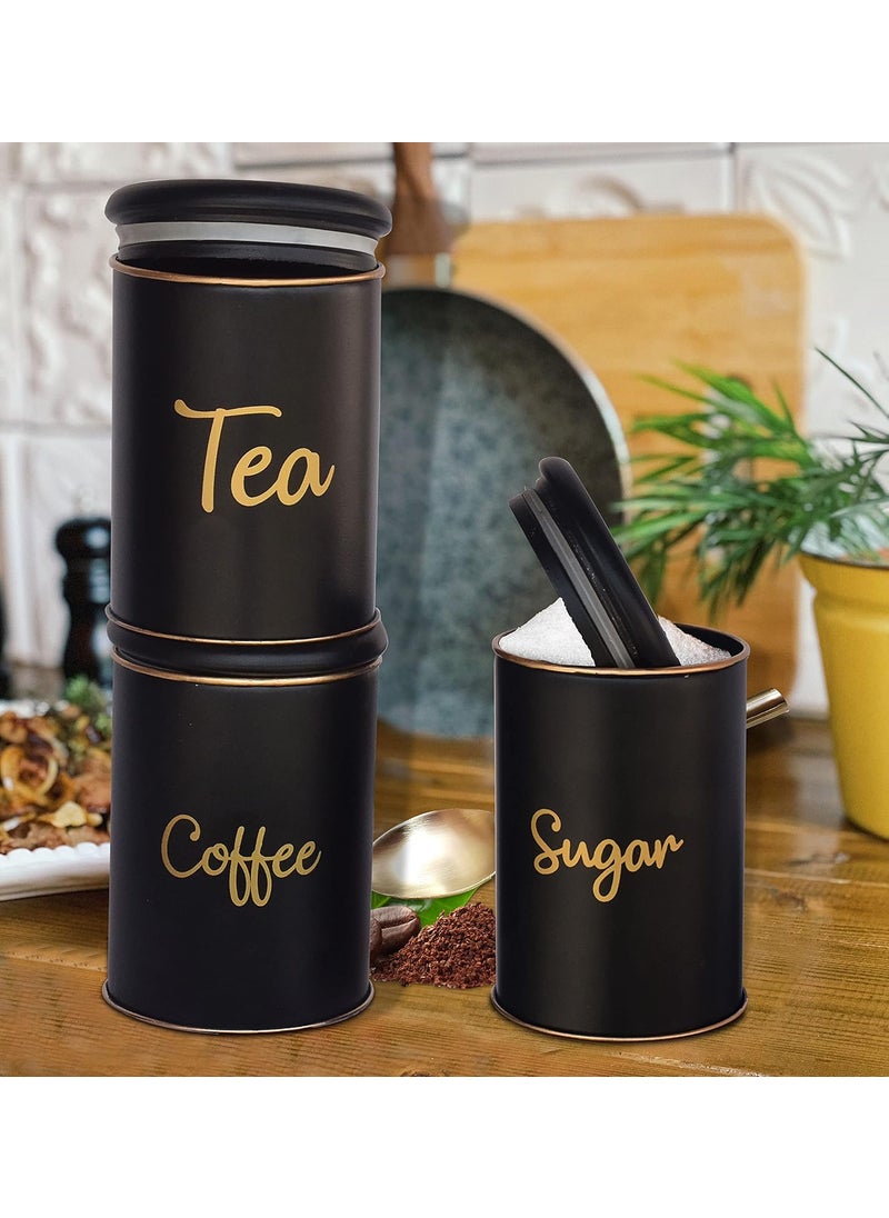 Pure Source India Metal Jar Container for Tea Coffee and Sugar, Airtight, Food Safe And Wide Mouth Containers - 700 ml Each (Black - 3 Piece)