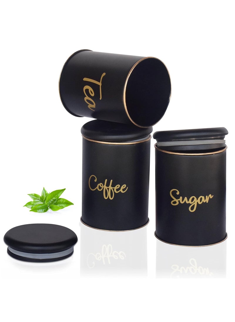 Pure Source India Metal Jar Container for Tea Coffee and Sugar, Airtight, Food Safe And Wide Mouth Containers - 700 ml Each (Black - 3 Piece)