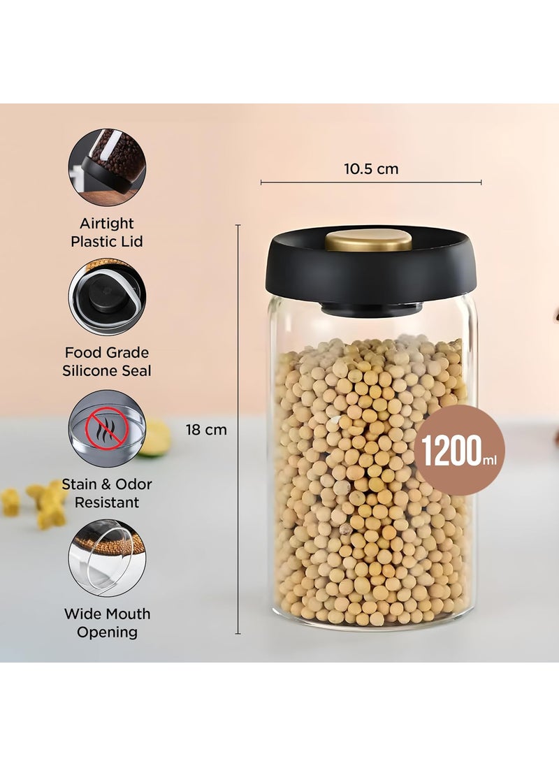 UMAI Borosilicate Glass Jars for Kitchen Storage with Vacuum Plastic Lids | 1200ml | Multipurpose, Airtight, Leakproof Jars for Cookies, Snacks, Spices, Tea, Coffee |