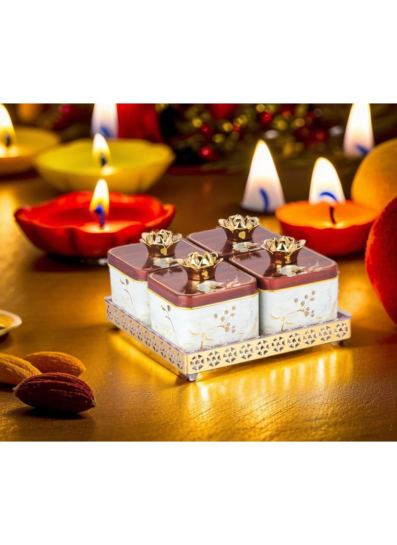 Nabhya Sparkle 4pc Dry Fruits Storage Container Set With Airtight Lid & Serving Tray, Serving Tray for Serving Sweets, Chips, Cookies & Other Snacks (Pack Of 4) (White)