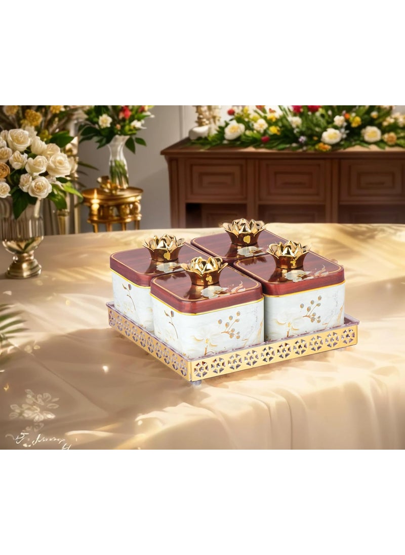 Nabhya Sparkle 4pc Dry Fruits Storage Container Set With Airtight Lid & Serving Tray, Serving Tray for Serving Sweets, Chips, Cookies & Other Snacks (Pack Of 4) (White)