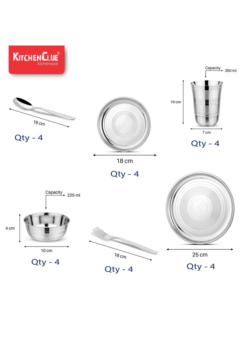 KITCHEN CLUE® Stainless Steel Dinner Gift Set of 24 pcs- High Grade Quality SS Dinnerware Set- Silver Color