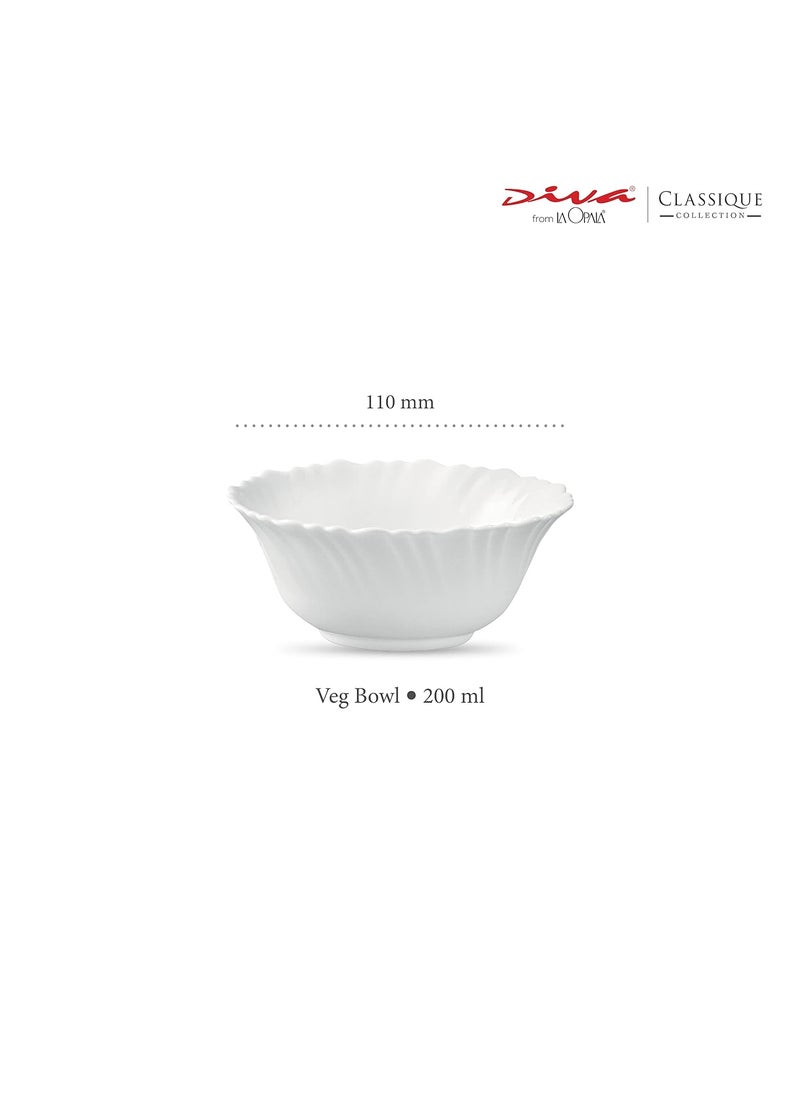 Diva From La Opala , Classique Collection, Opal Glass Vegetable Bowl Set 6 Pcs, Plain White, White, 200 MLs