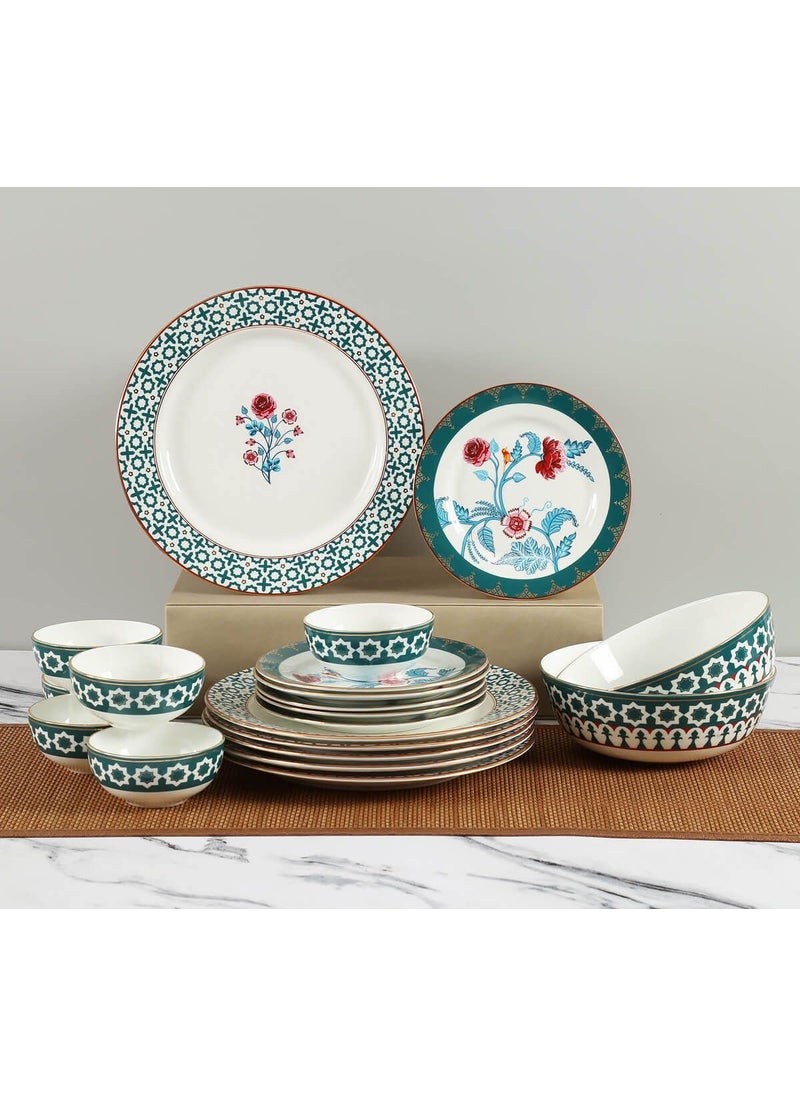 India Circus Fine Ceramic Permium 22K Liquid Gold Dinner Set 20 Pcs - for Your Premium Home Functions,White, Floral