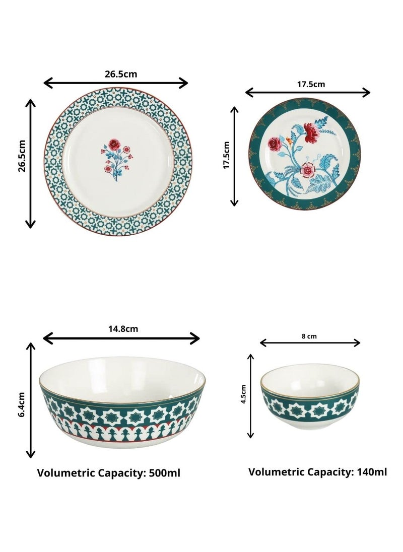 India Circus Fine Ceramic Permium 22K Liquid Gold Dinner Set 20 Pcs - for Your Premium Home Functions,White, Floral