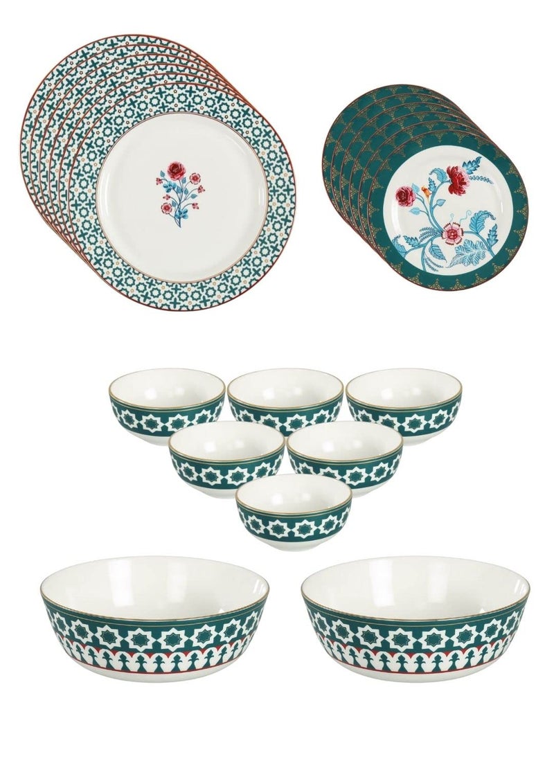 India Circus Fine Ceramic Permium 22K Liquid Gold Dinner Set 20 Pcs - for Your Premium Home Functions,White, Floral