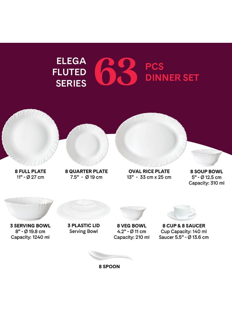 Larah by Borosil Elega Fluted Series Opalware Dinner Set | 63 Pieces for Family of 8 | Microwave & Dishwasher Safe | Bone-Ash Free | Crockery Set for Dining & Gifting | Plates & Bowls | White
