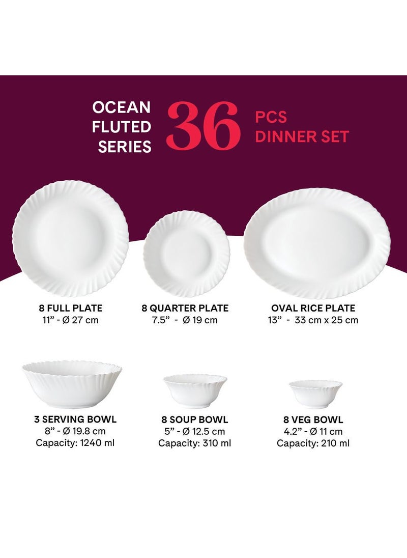 Larah by Borosil Ocean Fluted Series Opalware Dinner Set | 36 Pieces for Family of 8 | Microwave & Dishwasher Safe | Bone-Ash Free | Crockery Set for Dining & Gifting | Plates & Bowls | White