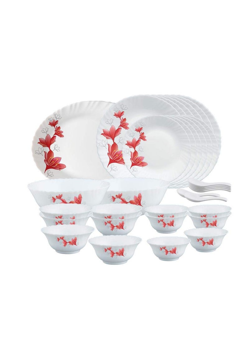 Larah by Borosil Fluted Series Ruby Opalware Dinner Set | 33 Piece for Family of 6 | Microwave & Dishwasher Safe | Bone-Ash Free | Crockery Set for Dining & Gifting | Plates & Bowls | White