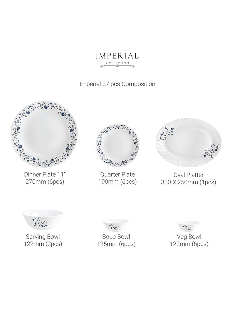 Cello Opalware Imperial Vinea Opalware Dinner Set, 27 Pieces, White