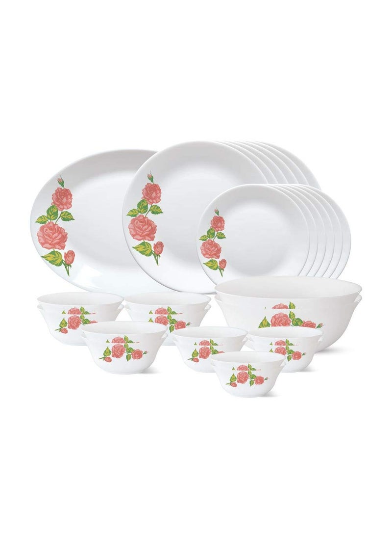 Larah by Borosil - Tiara Series, Rose Gold, 27 Pcs, Opalware Dinner Set, White