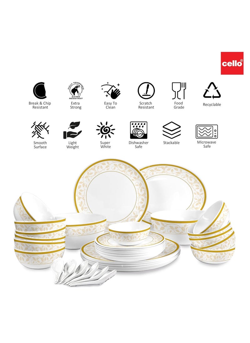 Cello Opalware Divine Series Royal Amber Dinner Set, 33 Units | Opal Glass Dinner Set for 6 | Crockery Set for Festive Ocassions, Parties | White Plate and Bowl Set
