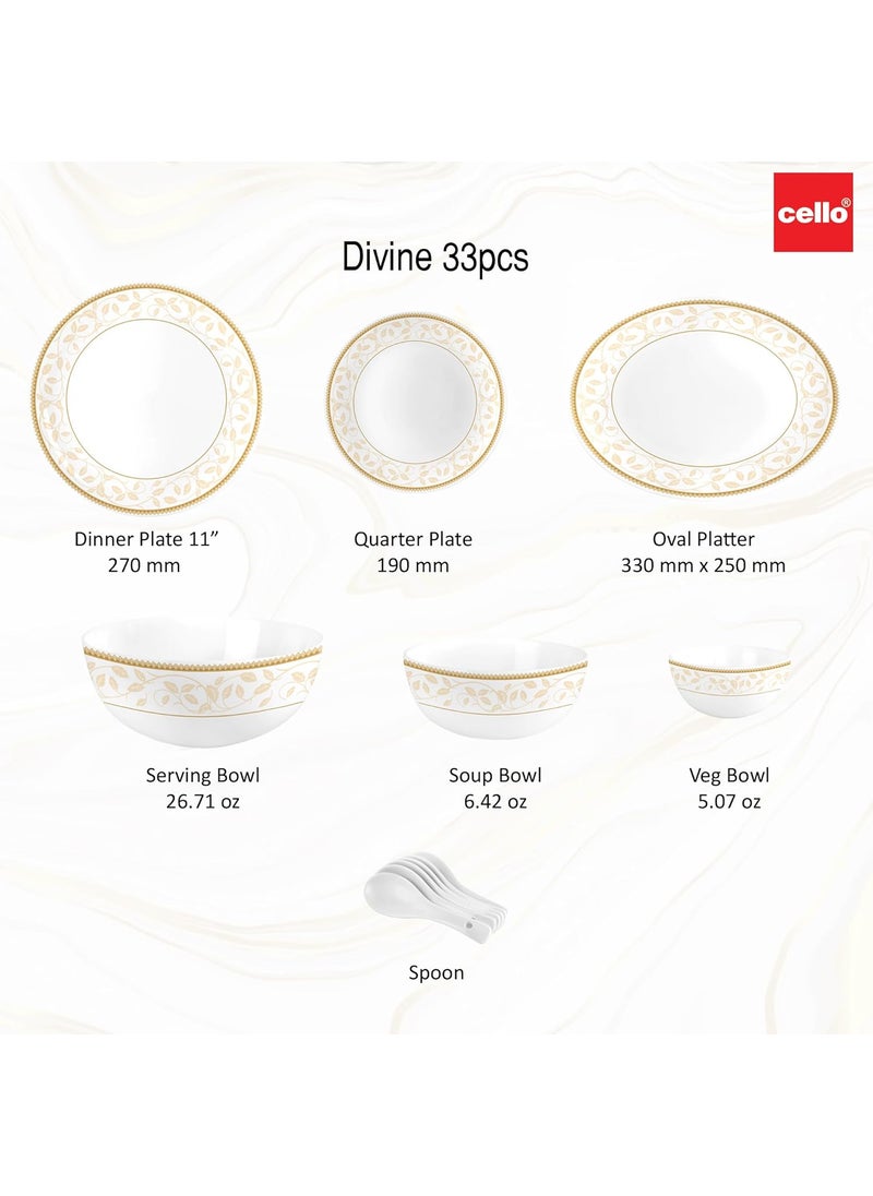 Cello Opalware Divine Series Royal Amber Dinner Set, 33 Units | Opal Glass Dinner Set for 6 | Crockery Set for Festive Ocassions, Parties | White Plate and Bowl Set