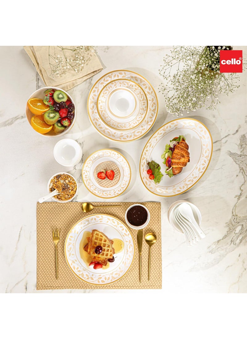 Cello Opalware Divine Series Royal Amber Dinner Set, 33 Units | Opal Glass Dinner Set for 6 | Crockery Set for Festive Ocassions, Parties | White Plate and Bowl Set