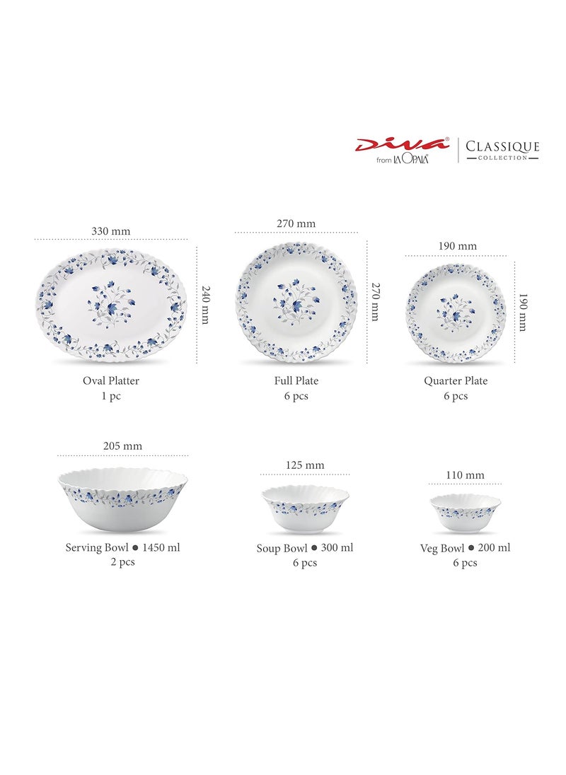 La Opala Diva, Classique Collection, Opal Glass Dinner Set 27 pcs, Blue Mystique, White