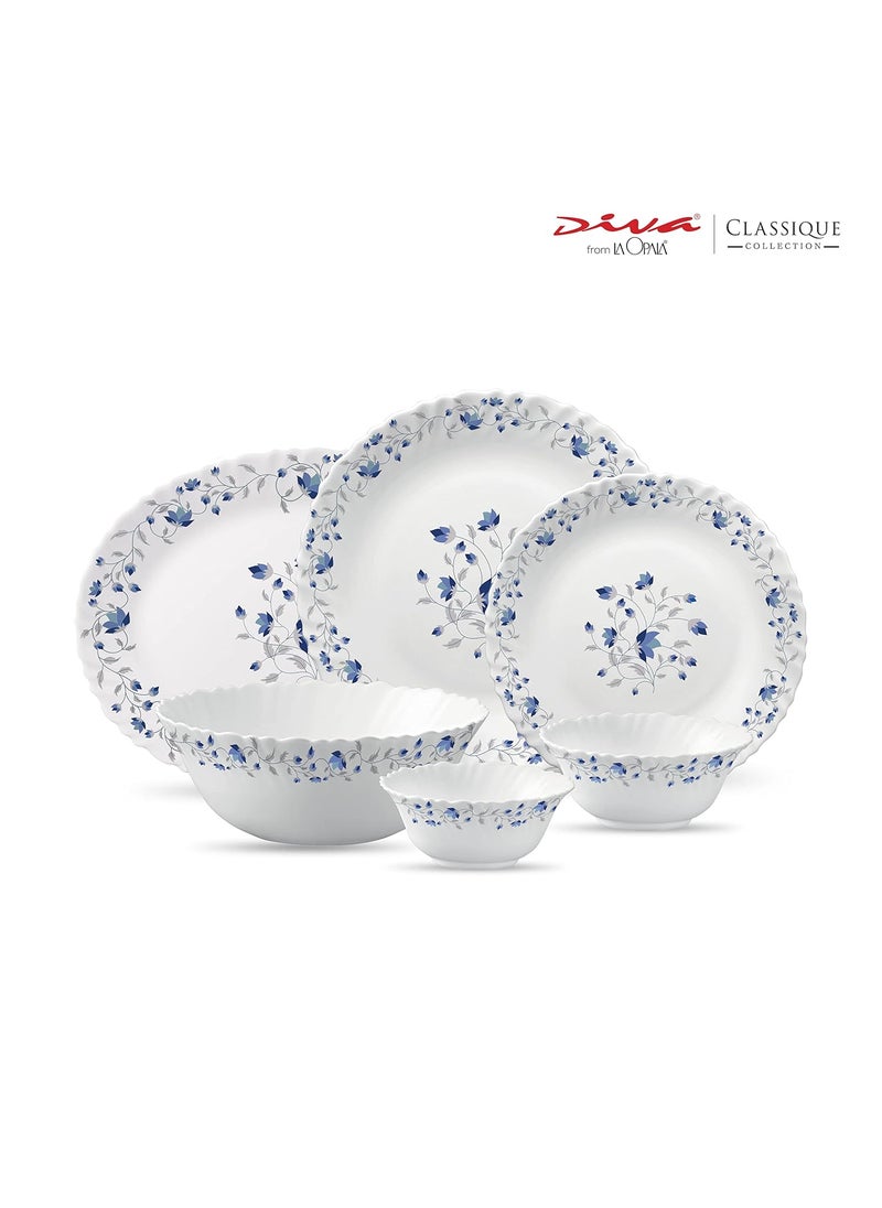 La Opala Diva, Classique Collection, Opal Glass Dinner Set 27 pcs, Blue Mystique, White