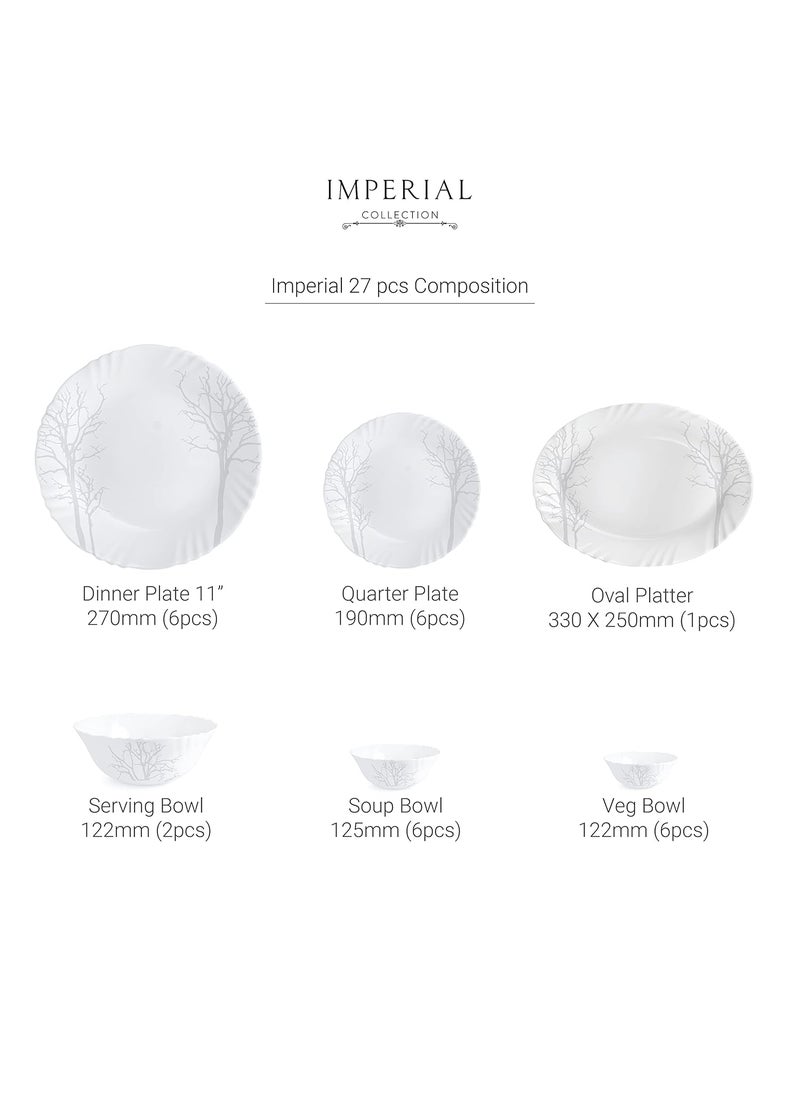 Cello Imperial Winter Frost Opalware Dinner Set, 11 inch Full Plate, 27 Pieces, White