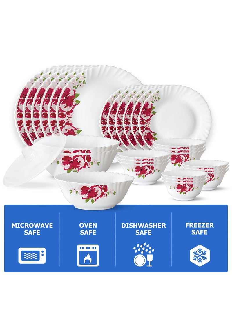 Larah by Borosil Rose Red Silk Series Opalware Dinner Set | 35 Pieces for Family of 6 | Microwave & Dishwasher Safe | Bone-Ash Free | Crockery Set for Dining & Gifting | Plates & Bowls | White
